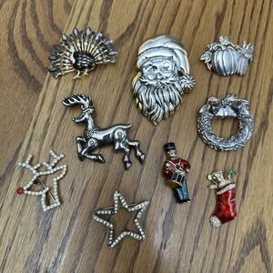 Lot Of 9 Vintage Holiday Pendants Brooches Two Tone Santa Christmas Thanksgiving